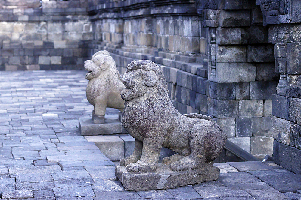 Borobudur, 9th-century Mahayana Buddhist temple. UNESCO World Heritage. Lion statue. Java. Indonesia.