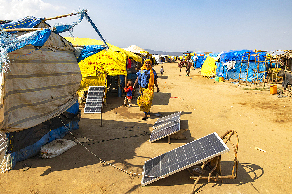 Solar panels in a fishing camp on a bank of Lake Eyasi, Tanzania