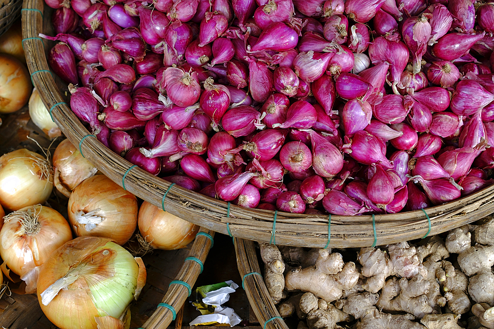 Dong Ba market. Food stand. Shallots for sale. Hue. Vietnam.