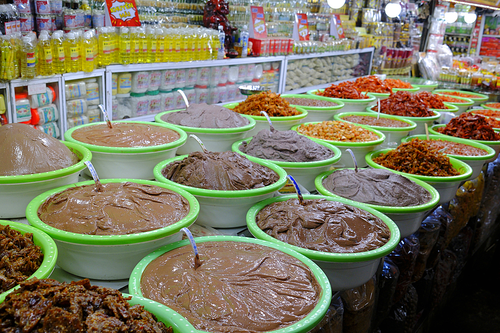 Dong Ba market. Food stand. Shrimp and fish brine. Hue. Vietnam.