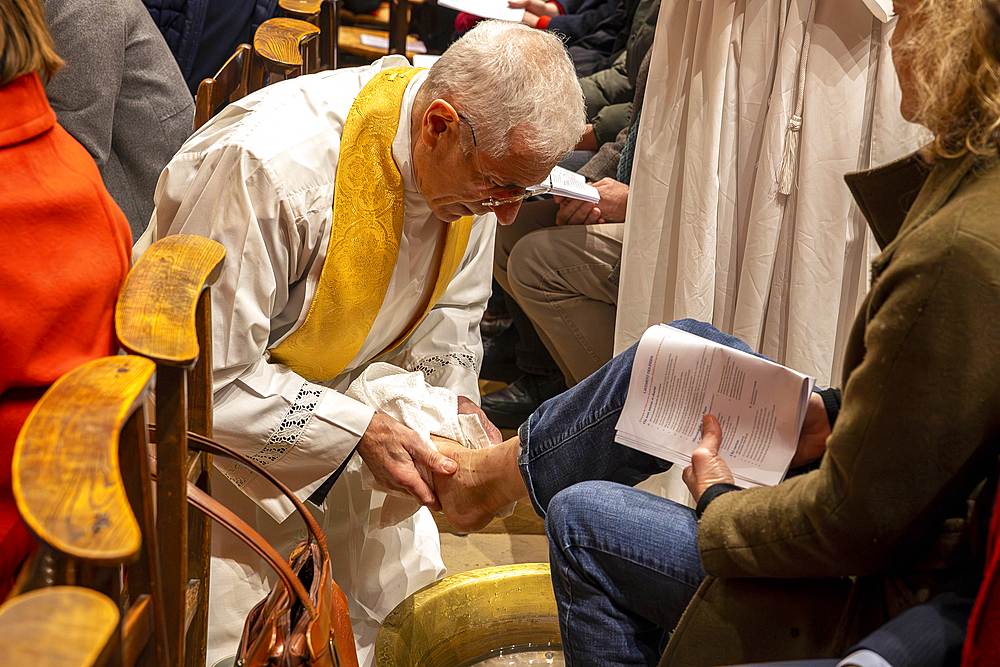 Maundy Thursday celebration in Saint Philippe du Roule catholic church, Paris, France. Foot washing ceremony