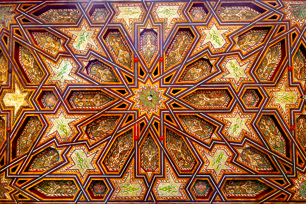 Merinide Abu al Hassan medersa, Sale, Morocco. Ceiling marquetry