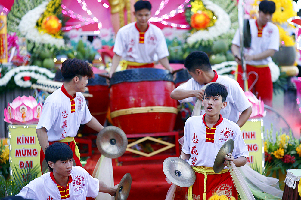 Phuoc Long Buddhist pagoda. Musicians playing for the Vesak ceremony. Tan Chau. Vietnam.