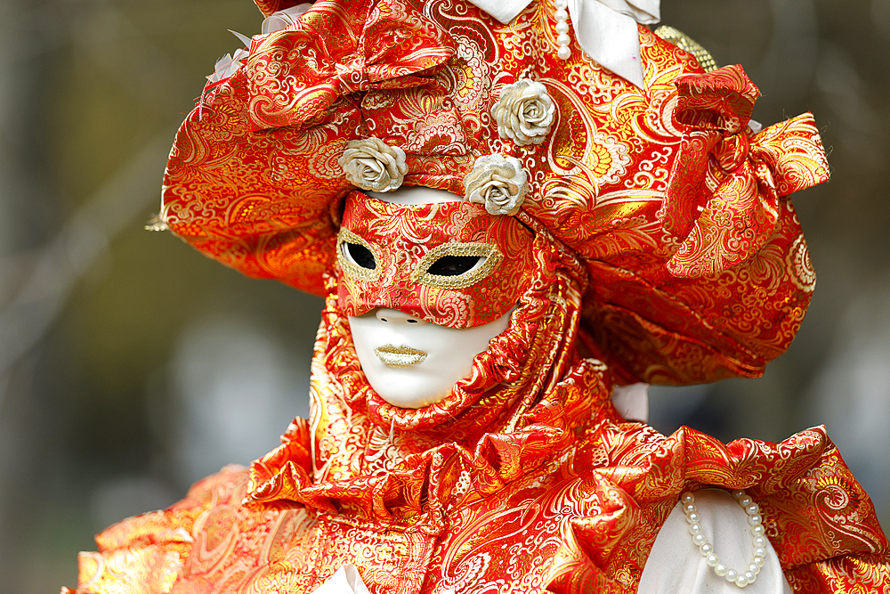 Woman wearing traditional mask and costume. Annual venetian carnival of Annecy, Haute Savoie, France.