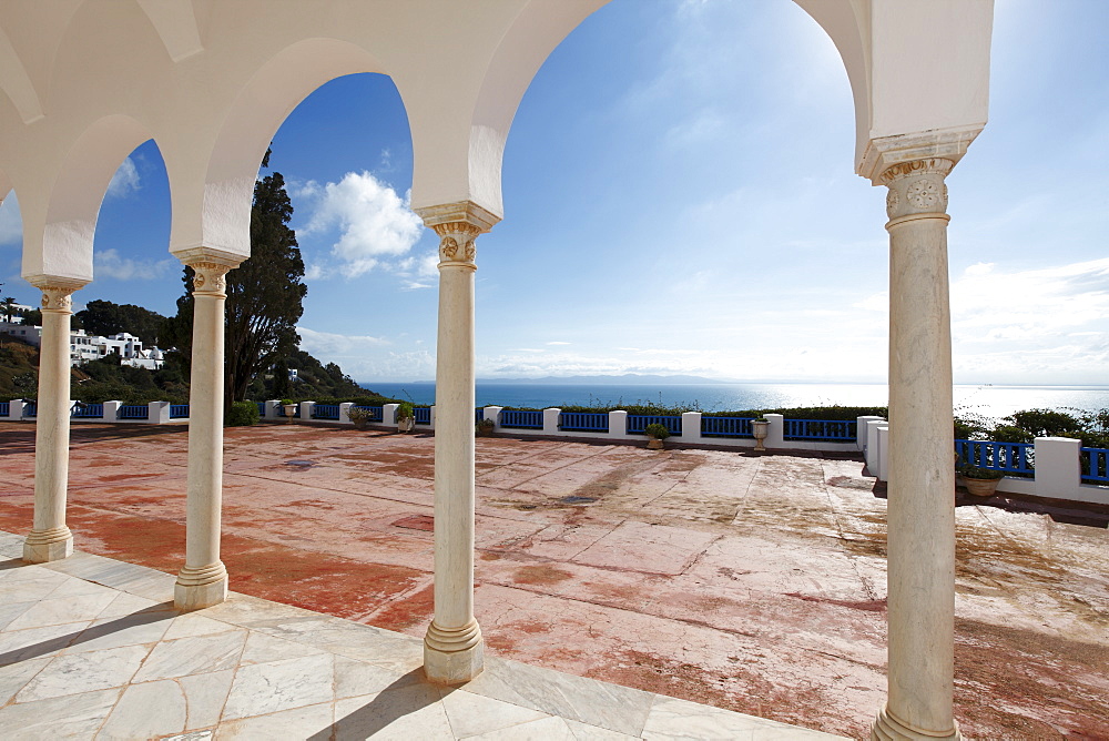 Archways of the Palace housing The Centre of Arab and Mediterranean Music, Sidi Bou Said, Tunisia, North Africa, Africa