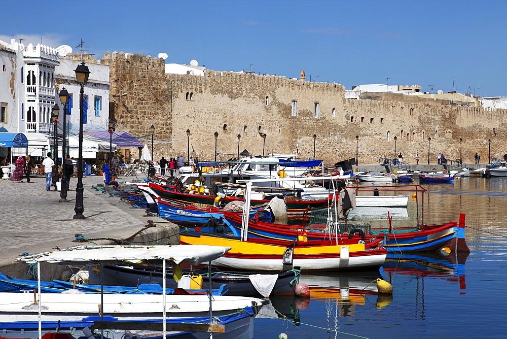 Old Port Canal, fishing boats and wall of the Kasbah, Bizerte, Tunisia, North Africa, Africa