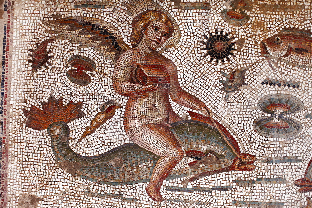 Angel riding on a dolphin, part of the Amphitrite Roman mosaic, House of Amphitrite, Bulla Regia Archaeological Site, Tunisia, North Africa, Africa