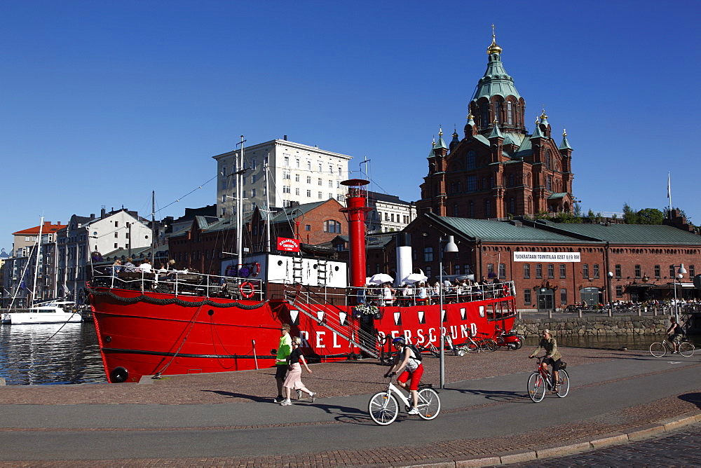 Red boat and restaurant at North Harbour, with Uspenski Cathedral in the background, Helsinki, Finland, Scandinavia, Europe