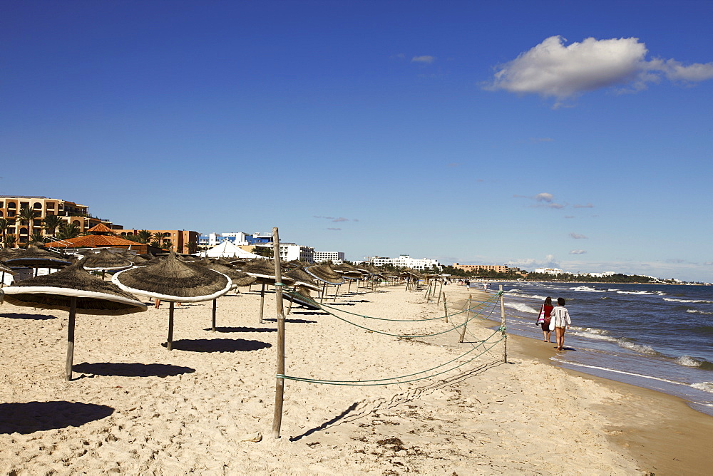 Beach scene in the tourist zone on the Mediterranean Sea, Sousse, Gulf of Hammamet, Tunisia, North Africa, Africa