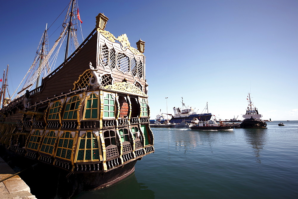 Decorated tourist sailing ship in port, Sousse, Gulf of Hammamet, Tunisia, Mediterranean, Europe