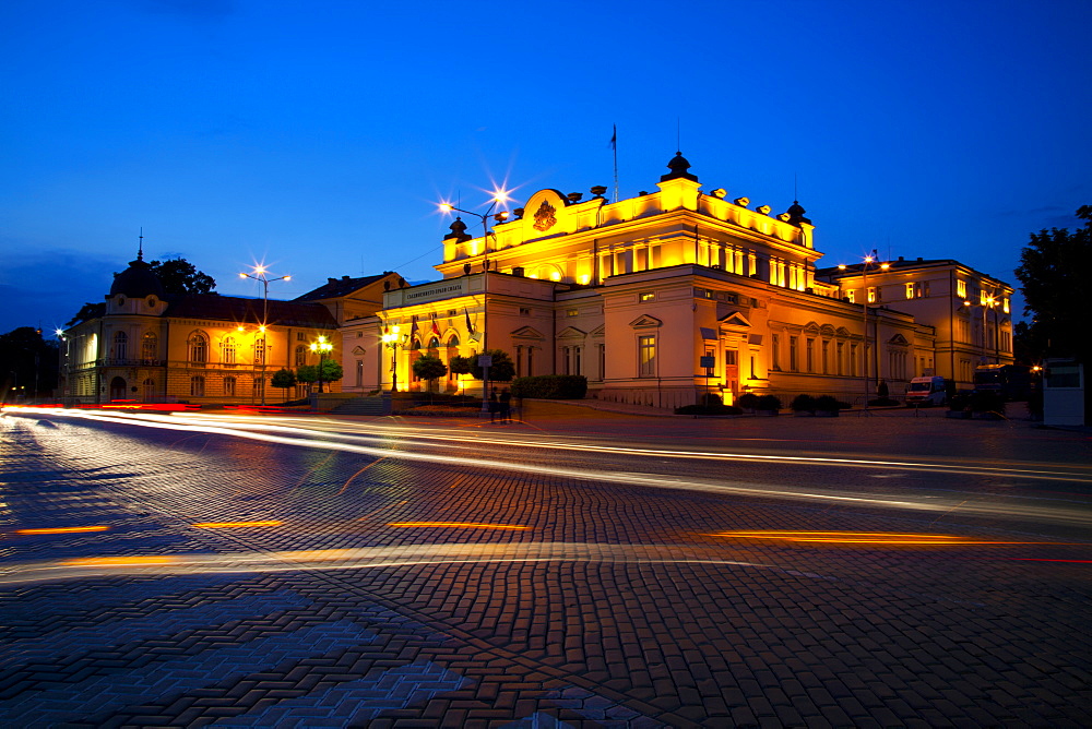 Floodlit National Assembly Building, Ploshtad National Assembly Square, Sofia, Bulgaria, Europe