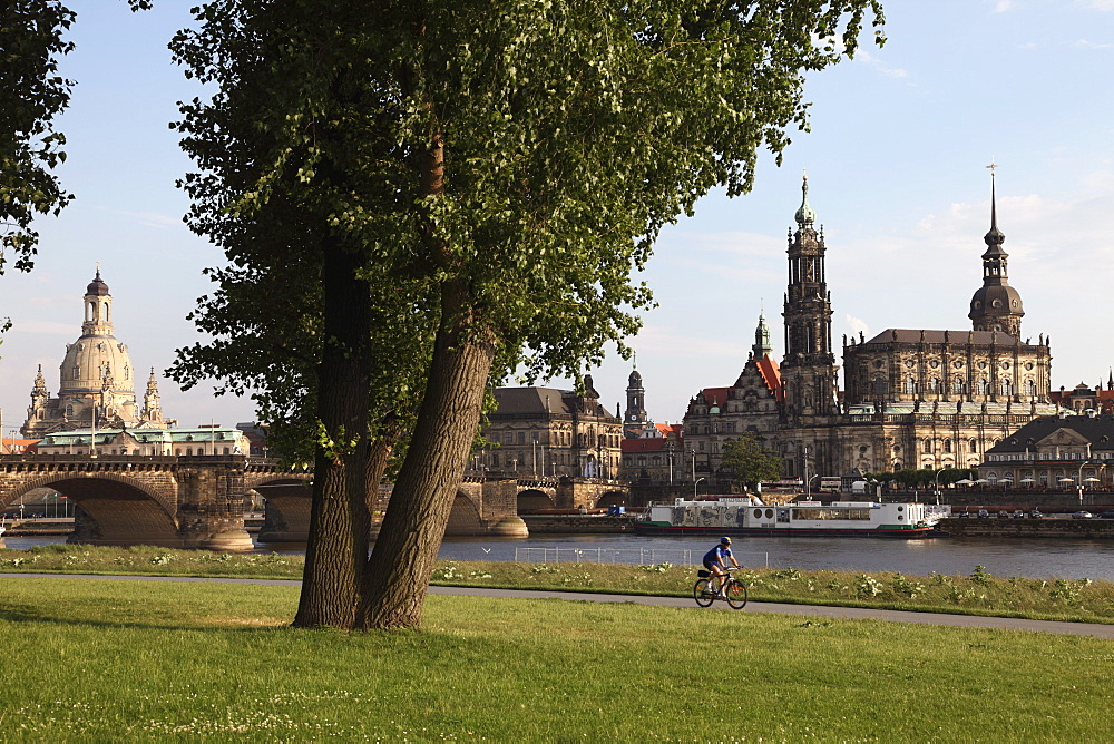 River Elbe, Hofkirche, Castle, and Frauenkirche (Church of our Lady), Dresden, Saxony, Germany, Europe