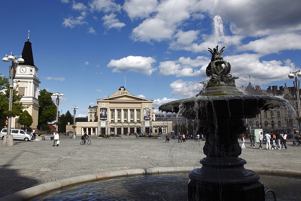 Fountain and Neo-Classical Tampere Theatre, Central Square, Tampere City, Pirkanmaa, Finland, Scandinavia, Europe