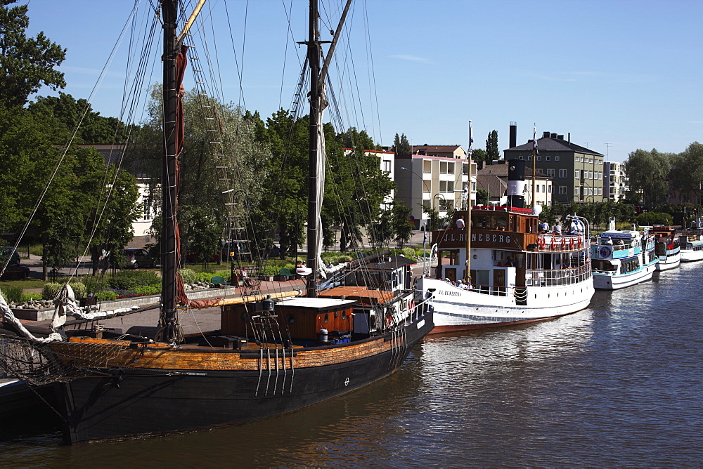 Historic ships moored on riverside, Porvoo, Porvoonjoki River, Uusimaa, Finland, Scandinavia, Europe