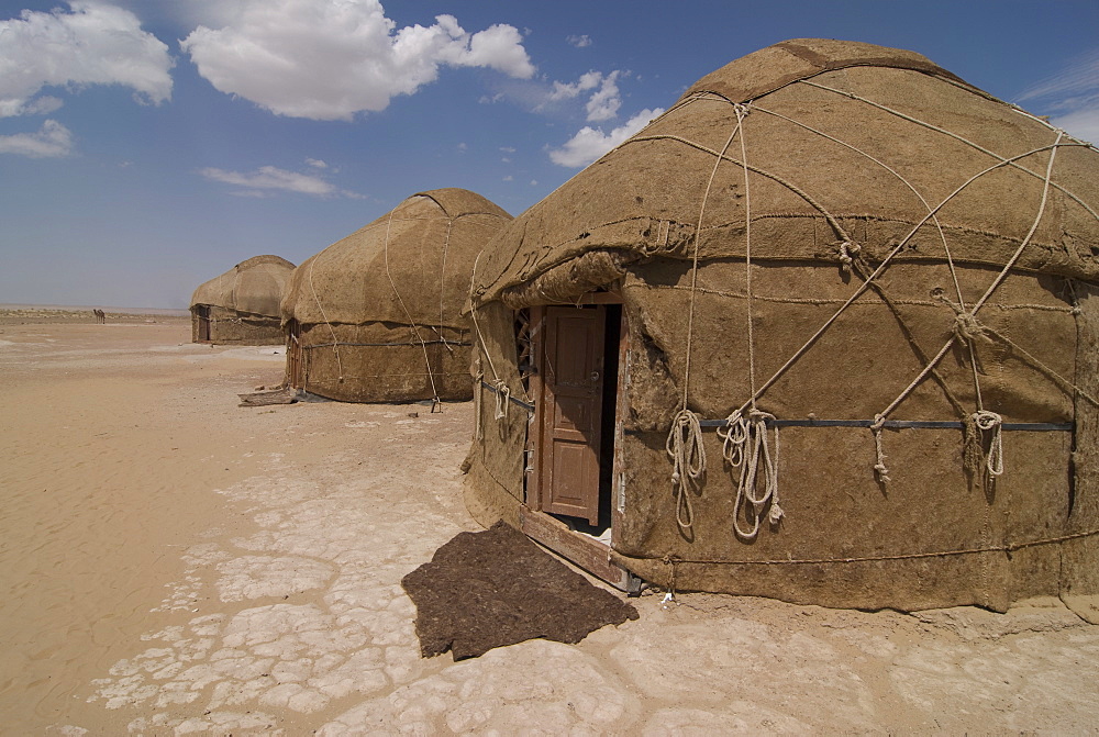 Traditional yurts in the Kyrgyzyl desert near Elliq-Qala, Uzbekistan, Central Asia