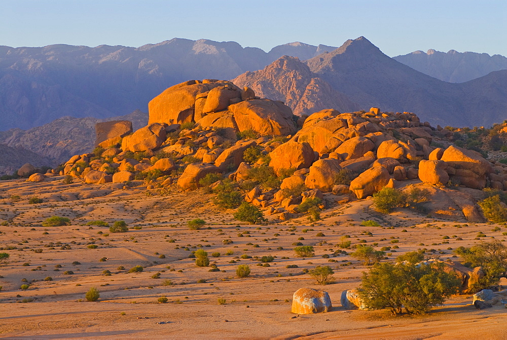 Desert landscape near Tafraoute at sunset, Morocco, North Africa, Africa