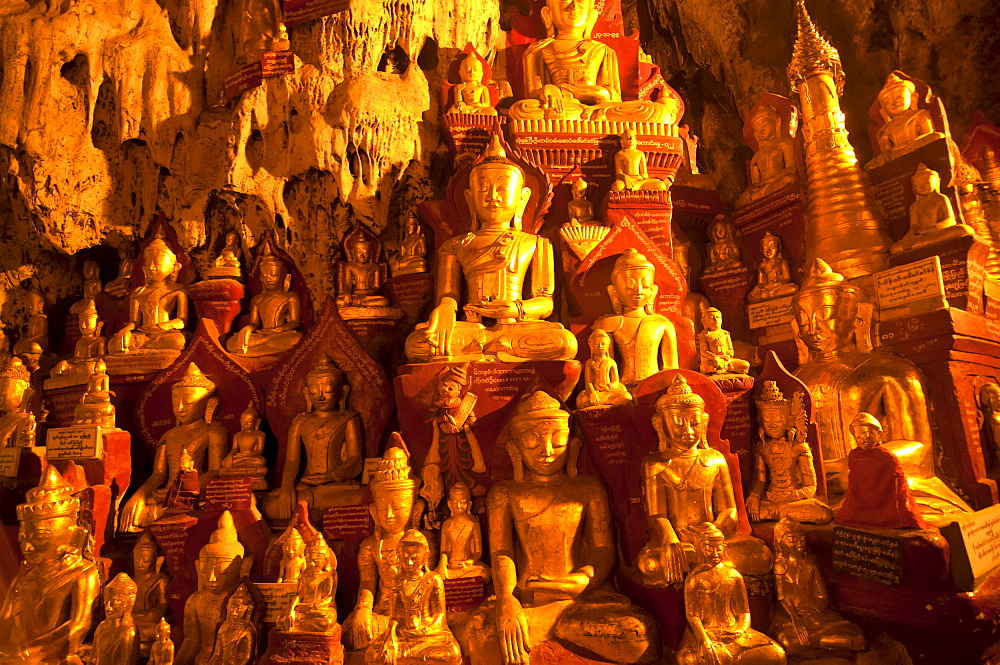 Golden Buddhist statues in the limestone caves of Pindaya, Myanmar, Asia