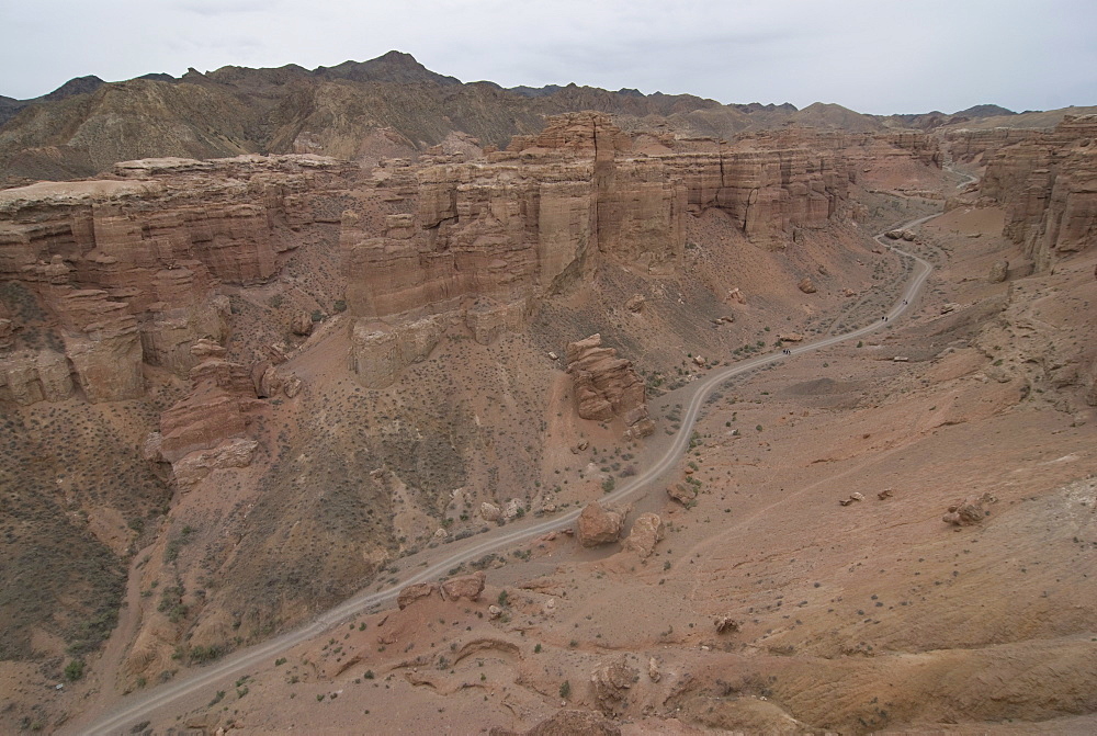 Rock formations in arid landscape at Charyn Canyon, Kazakhstan, Central Asia