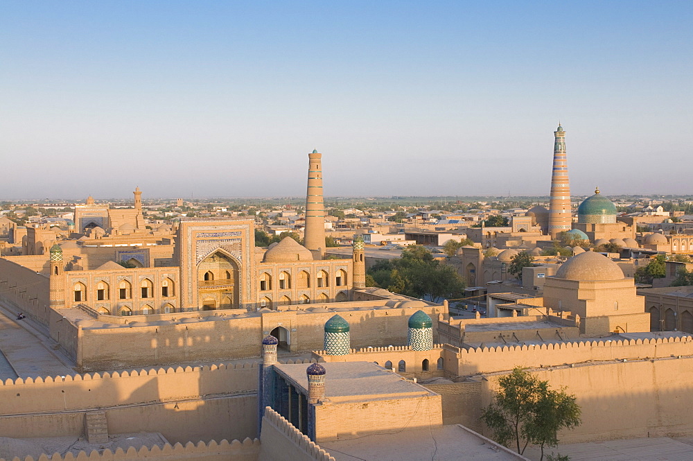 Overlooking city, the Mosques and medressas at Ichon Qala Fortress, Khiva, Uzbekistan, Central Asia