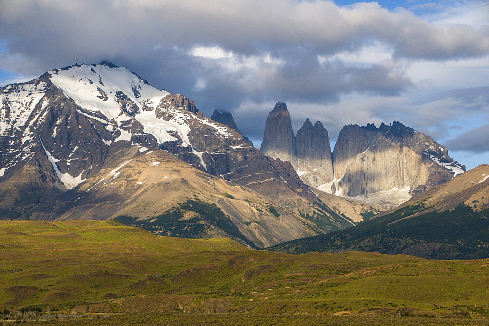 Early morning light on the towers of the Torres del Paine National Park, Patagonia, Chile, South America 