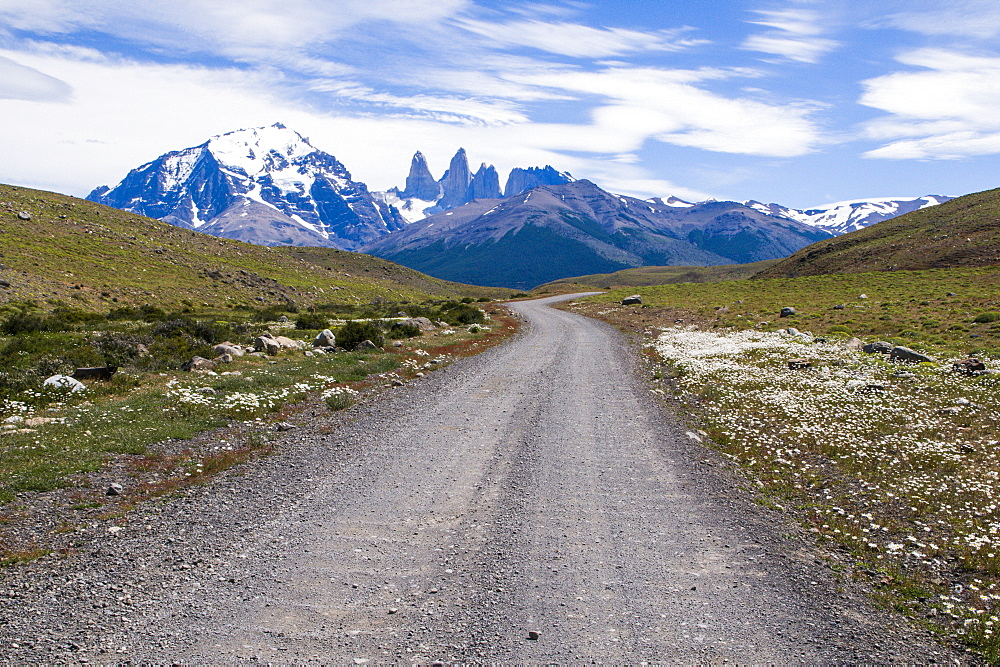 Straight road leading through the Torres del Paine National Park, Patagonia, Chile, South America 