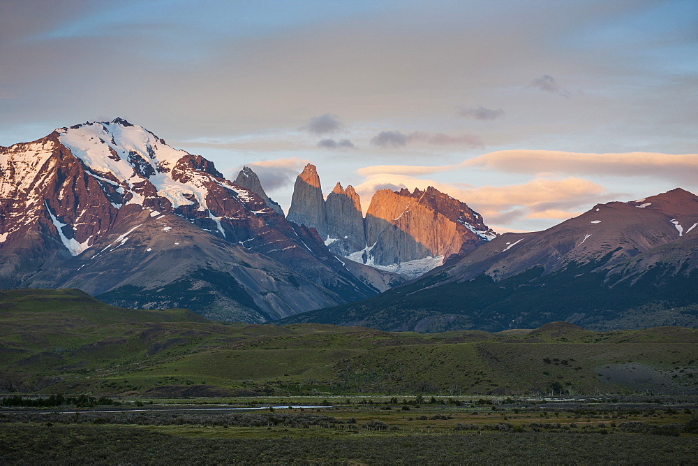 Early morning light over the Torres del Paine National Park, Patagonia, Chile, South America 