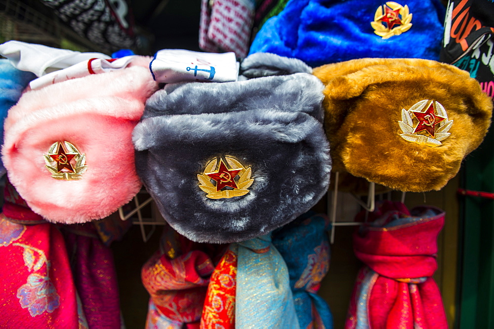 Soviet fur hats for sale in Peterhof (Petrodvorets), St. Petersburg, Russia, Europe