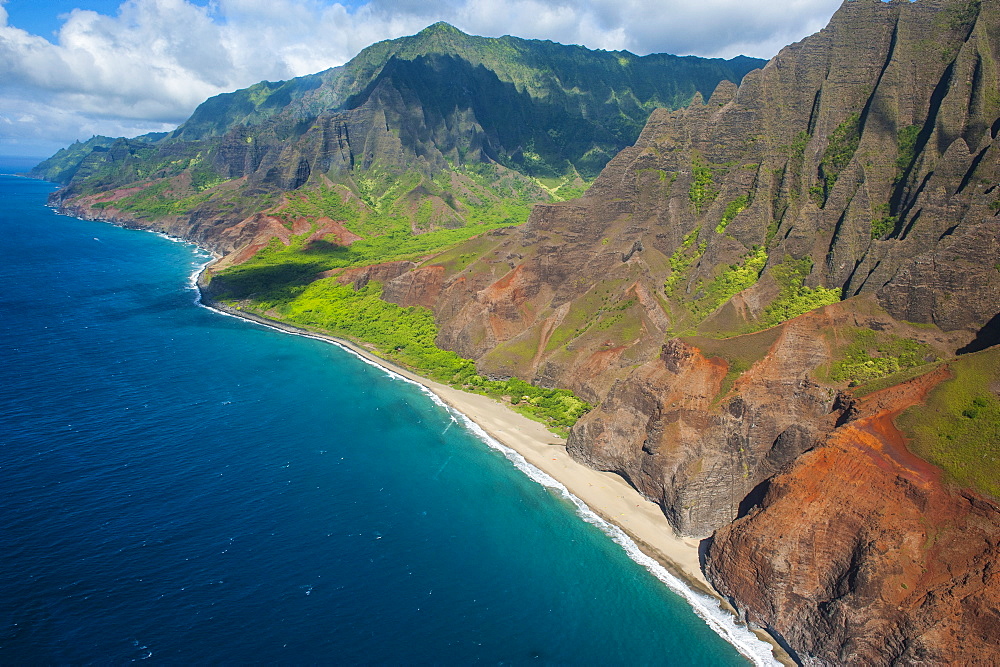 Aerial of the rugged Napali coast, Kauai, Hawaii, United States of America, Pacific