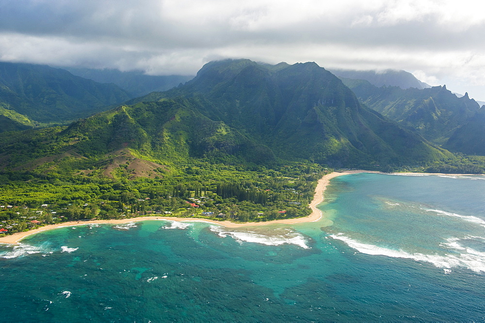 Aerial of the north shore of the island of Kauai, Hawaii, United States of America, Pacific