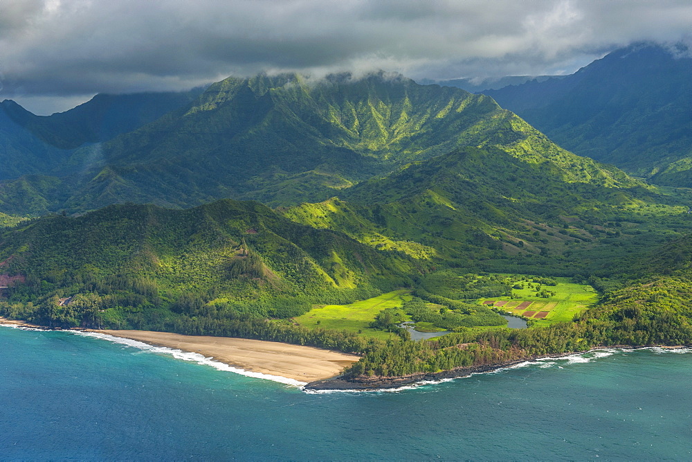 Aerial of the north shore of the island of Kauai, Hawaii, United States of America, Pacific