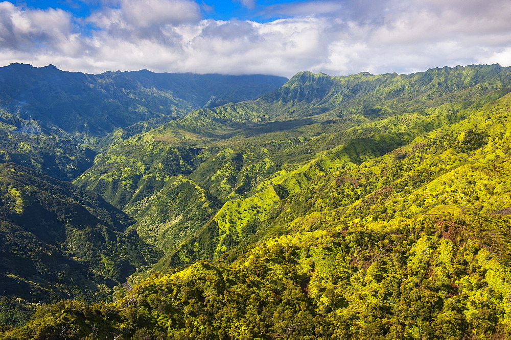 Aerial of the rugged interior of the island of Kauai, Hawaii, United States of America, Pacific