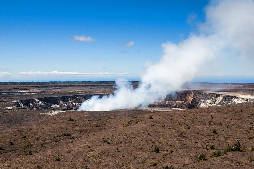 Smoking Kilauea Summit Lava Lake in the Hawaii Volcanoes National Park, UNESCO World Heritage Site, Big Island, Hawaii, United States of America, Pacific