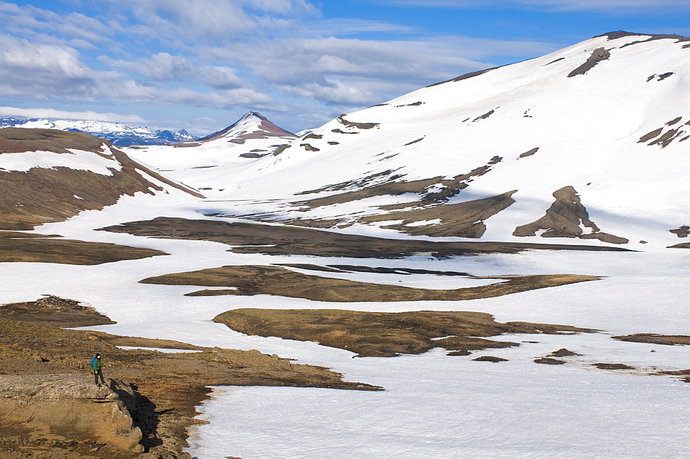 Walkers in mountain landscape covered with ice, Snaefellsjokull National Park, Iceland, Polar Regions