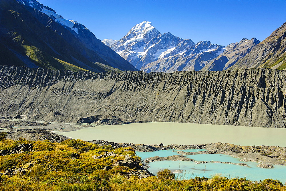 Turquoise glacier lake in front of Mount Cook, UNESCO World Heritage Site, South Island, New Zealand, Pacific