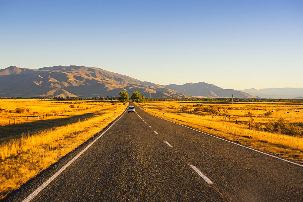 Late afternoon on the highway on the way to Twizel, South Island, New Zealand, Pacific