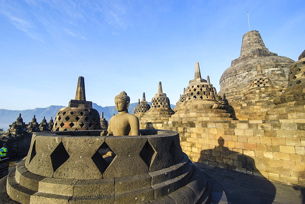 Early morning light at the temple complex of Borobodur, UNESCO World Heritage Site, Java, Indonesia, Southeast Asia, Asia