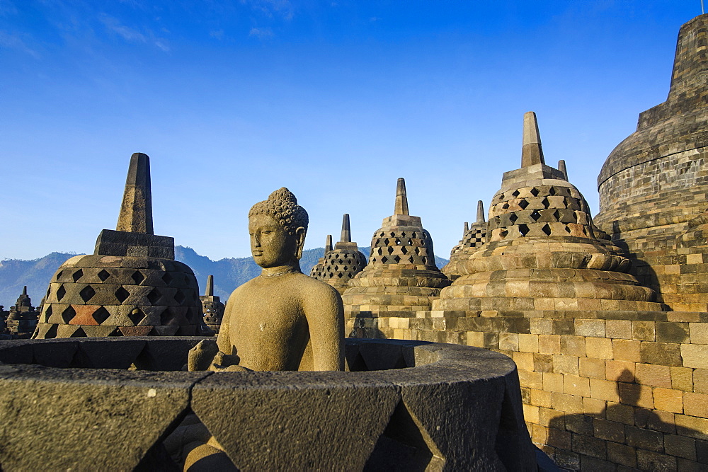 Early morning light at the temple complex of Borobodur, UNESCO World Heritage Site, Java, Indonesia, Southeast Asia, Asia