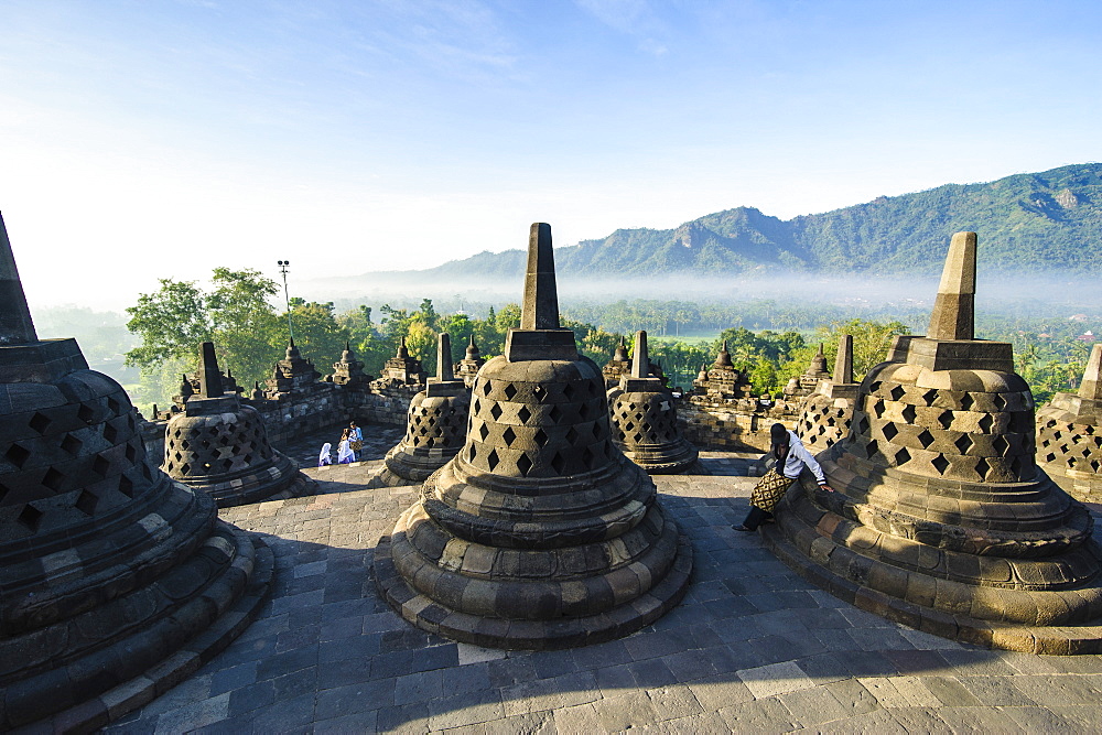 Early morning light at the temple complex of Borobodur, UNESCO World Heritage Site, Java, Indonesia, Southeast Asia, Asia