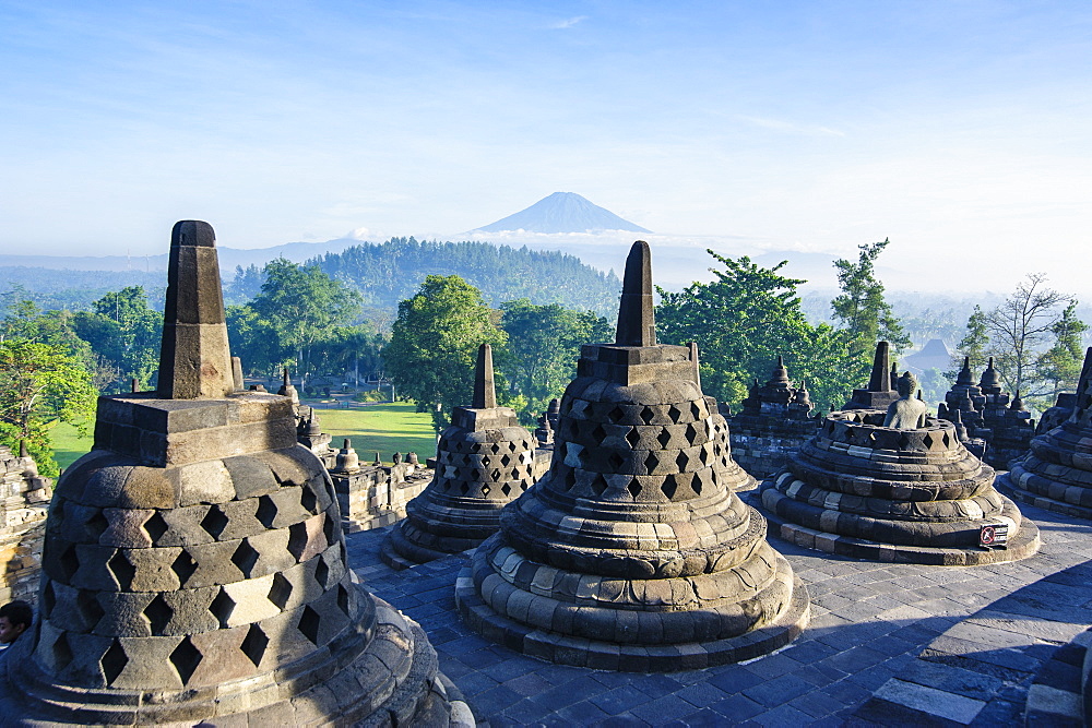 Early morning light at the temple complex of Borobodur, UNESCO World Heritage Site, Java, Indonesia, Southeast Asia, Asia