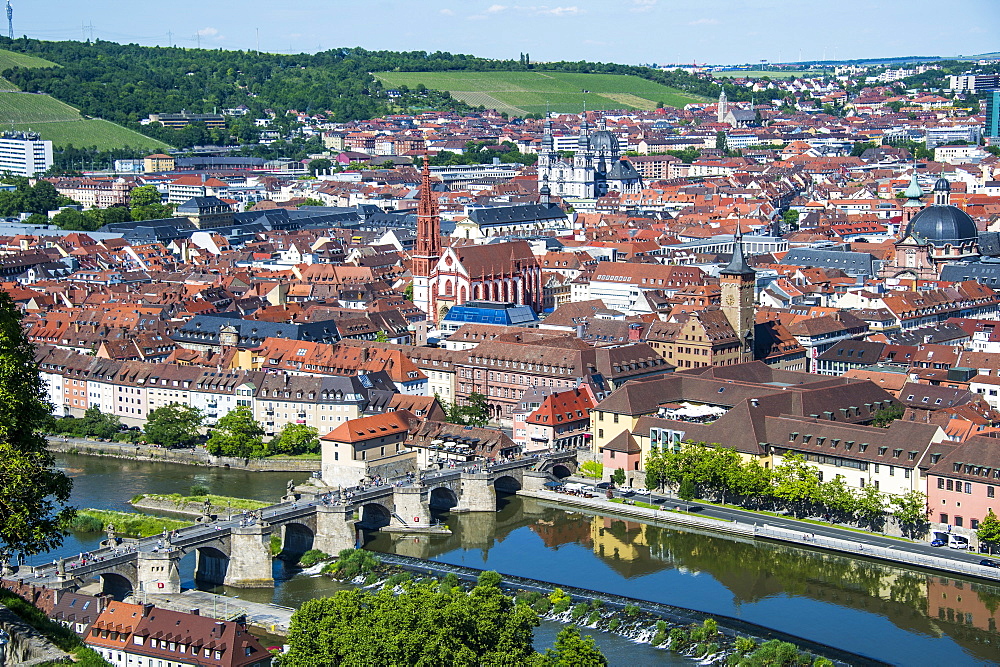 View over Wurzburg from Fortress Marienberg, Franconia, Bavaria, Germany, Europe