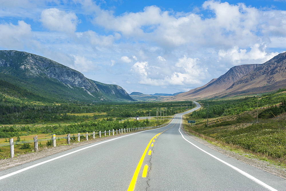 Straight Bonne Bay road on the east arm of Gros Morne National Park, UNESCO World Heritage Site, Newfoundland, Canada, North America