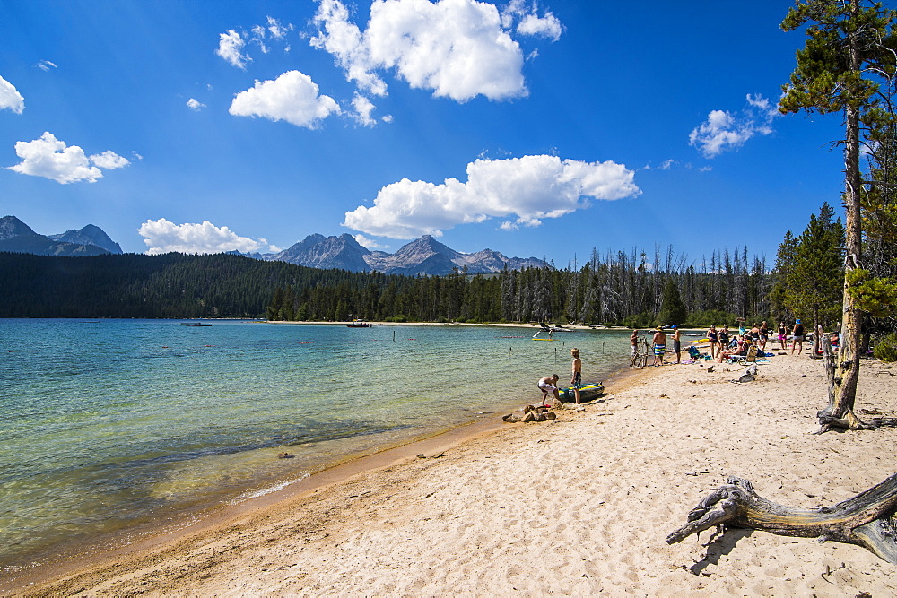 Sandy beach on Redfish Lake in a valley north of Sun Valley, Sawtooth National Forest, Idaho, United States of America, North America