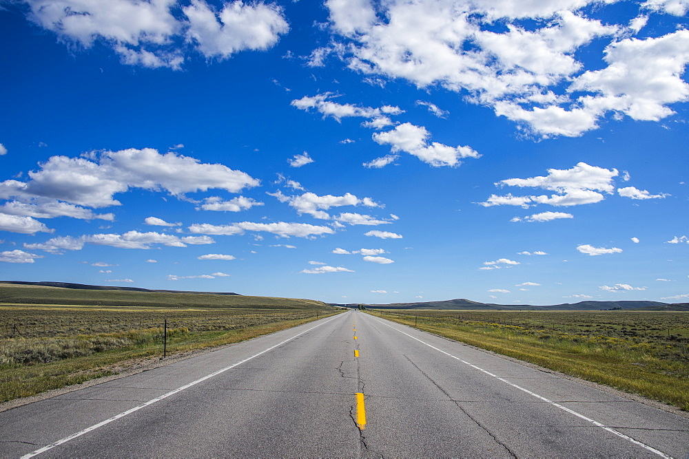 Long straight road in southern Wyoming, United States of America, North America