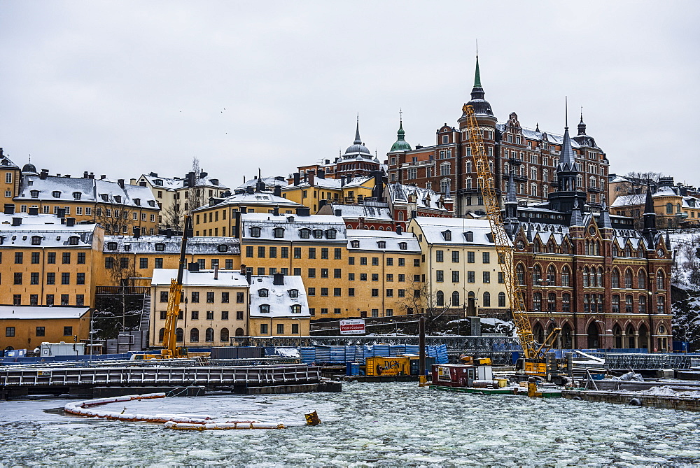 Frozen waterway in the old quarter of Stockholm, Sweden