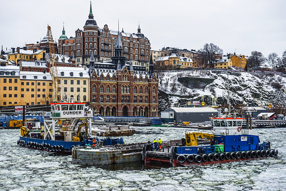 Frozen waterway in the old quarter of Stockholm, Sweden