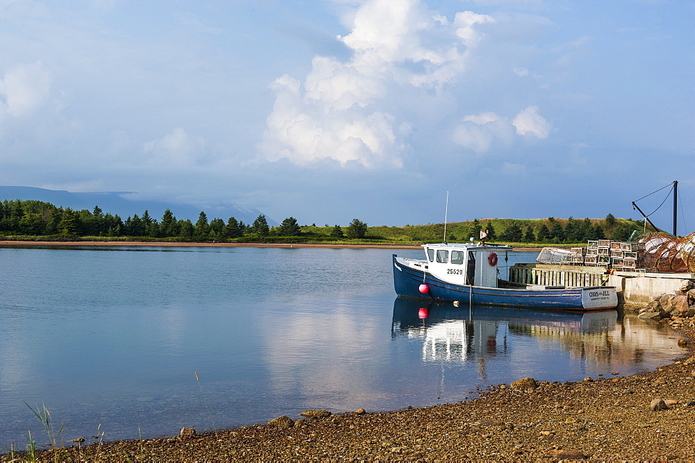 Little boat in the bay of Dingwall, Cape Breton Highlands National Park, Cape Breton Island, Nova Scotia, Canada, North America 