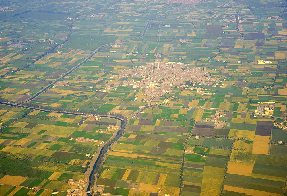 Aerial of suburbs of Cairo with a little channel for irrigation, Egypt, North Africa, Africa