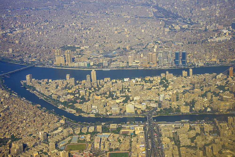 Aerial of the center of Cairo and the River Nile, Egypt, North Africa, Africa