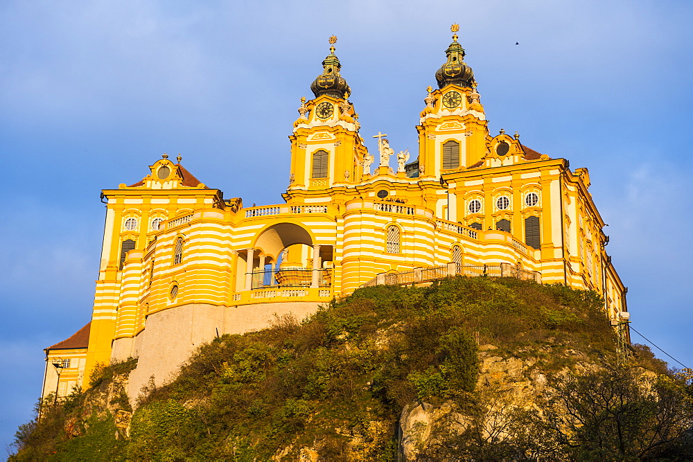 Melk Abbey at sunset, Melk, Wachau Cultural Landscape, UNESCO World Heritage Site, Danube, Wachau, Austria, Europe