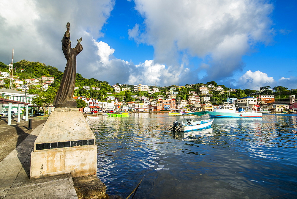 St. George's statue in the inner harbour of St. Georges, capital of Grenada, Windward Islands, West Indies, Caribbean, Central America